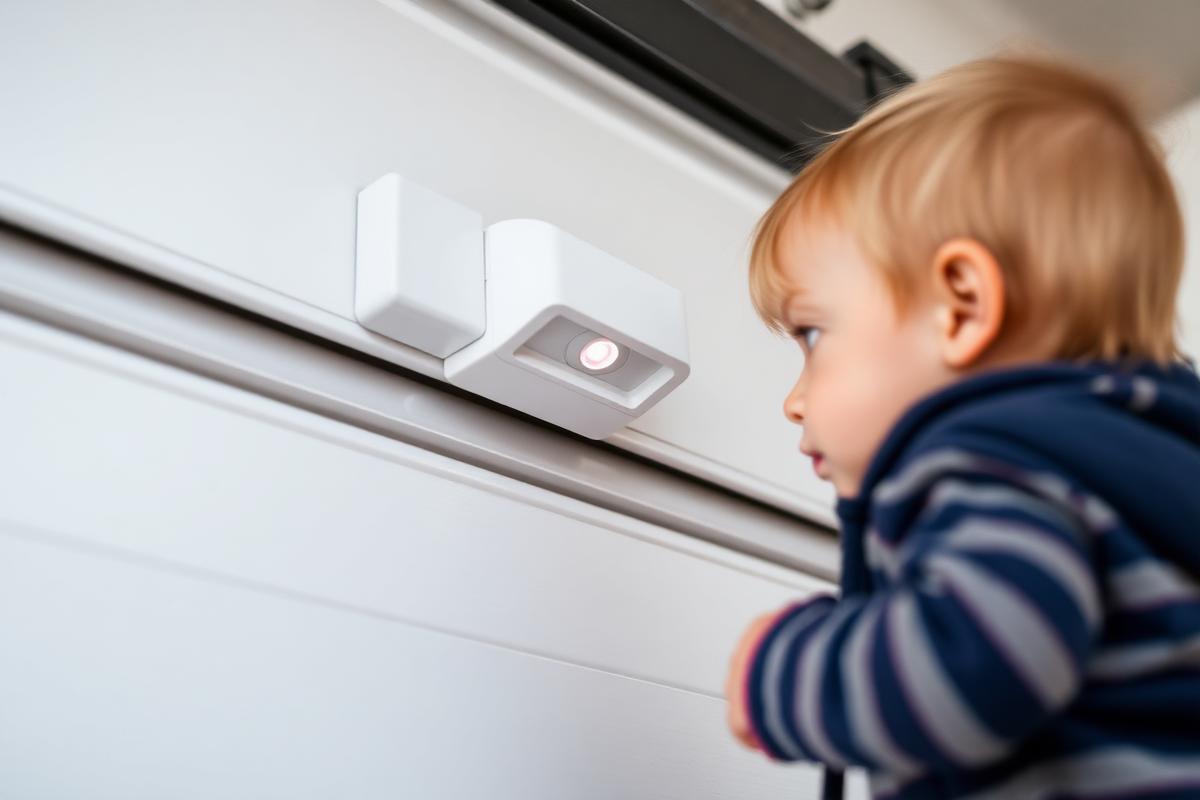 Family safely using modern garage door with visible safety sensors
